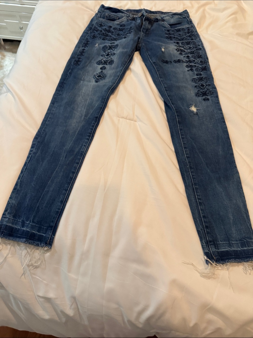 Blank NYC Dark Blue Skinny Jeans with Embroidered Side Panels